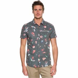 Volcom Men's Club Destroy Short Sleeve Woven Shirt Modern Fit Medium beer pizza